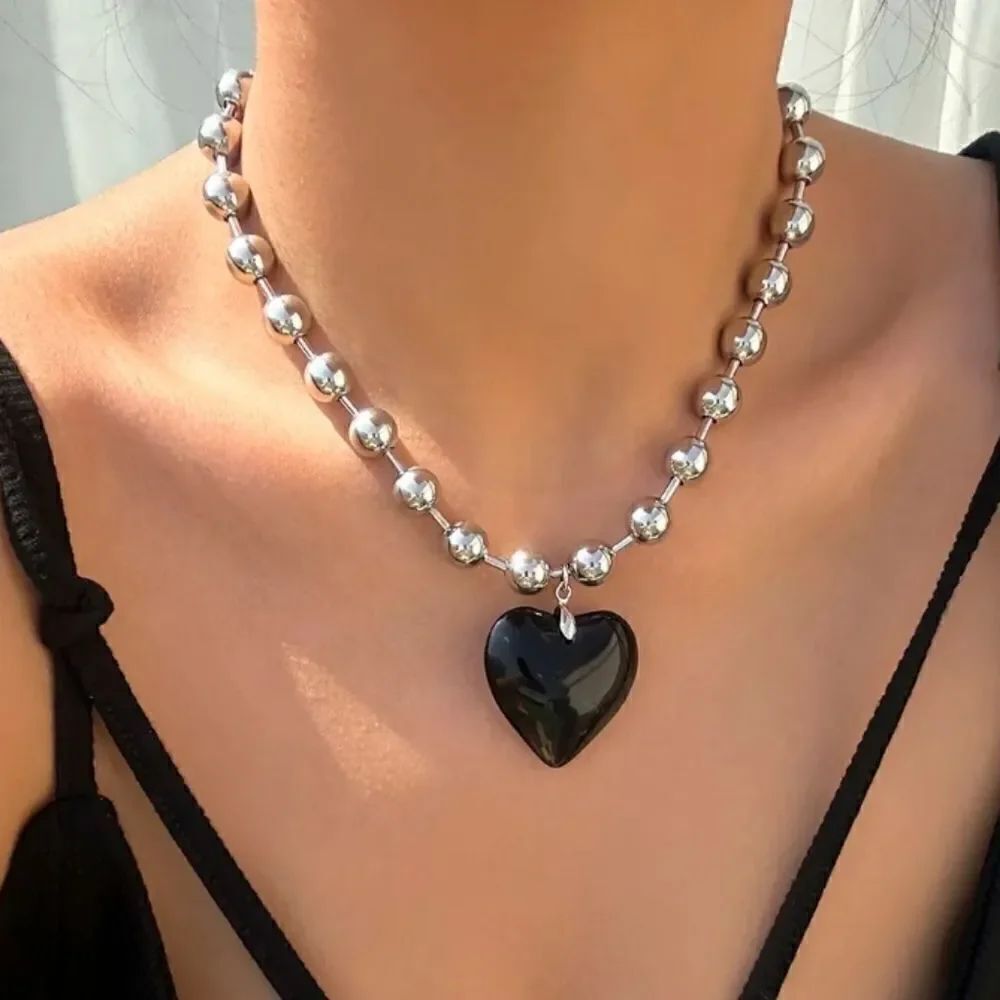 Black Goth Heart Shaped Silver Beaded Necklace